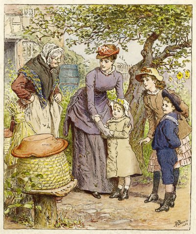 Mutter und Kinder bei einem Bienenstock, veröffentlicht 1854 von Robert Barnes